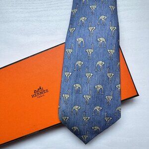 Hermes Tie Ostrich Pattern Made in France Vintage 100% Silk Authentic